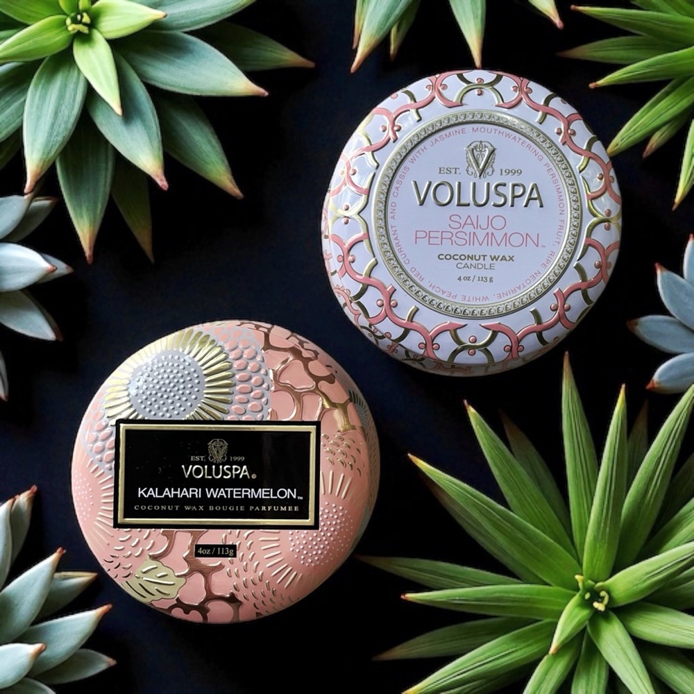 NEW Set of 2 Voluspa Candles: Sajo Persimmon and Kalahari Watermelon, 4oz/each